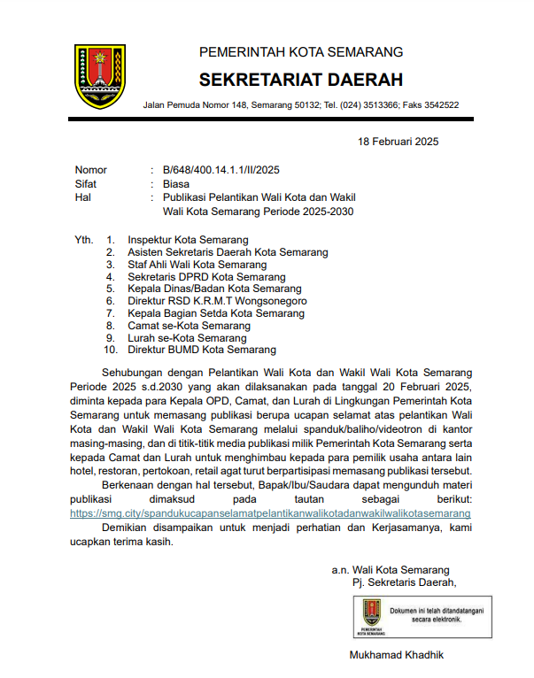 Publikasi Pelantikan Wali Kota dan Wakil Wali Kota Semarang Periode 2025-2030